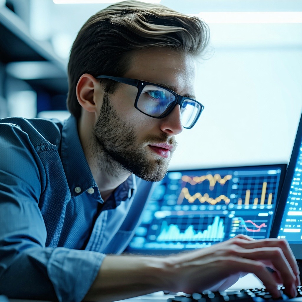 compute researcher analyzing data caucasian researcher withouth glasses